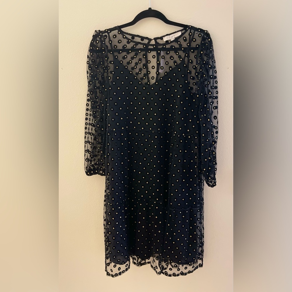 NWT Loft sheer black and gold polkadot dress